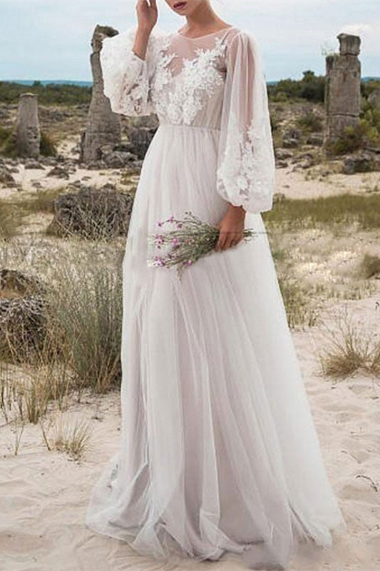 Tulle Bubble Sleeves Lace Wedding Dress