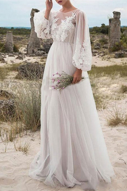 Tulle Bubble Sleeves Lace Wedding Dress