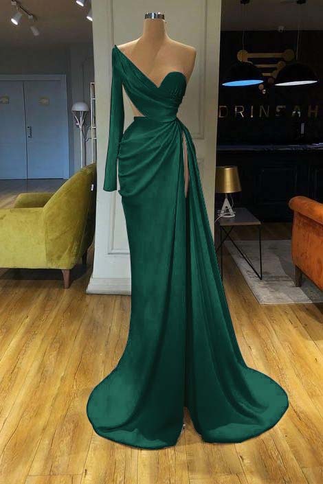 White Long Sleeve Sweetheart Mermaid Prom Dress One Shoulder With Split