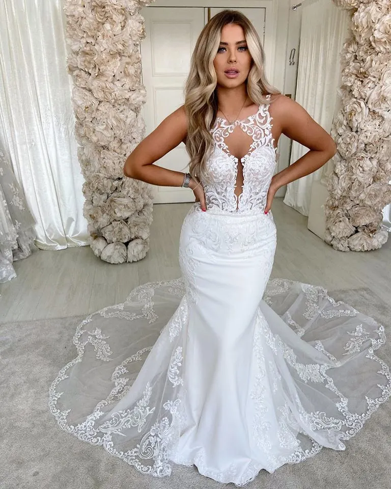 Stylish Long Mermaid Spaghetti-Straps Satin Backless Wedding Dress with Lace