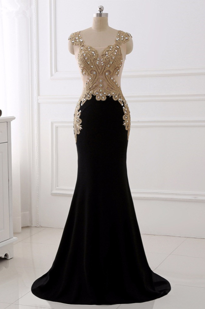 BMbridal Affordabe V-Neck Sleeveless Mermaid Prom Dresses Gold Appliques with Crystals