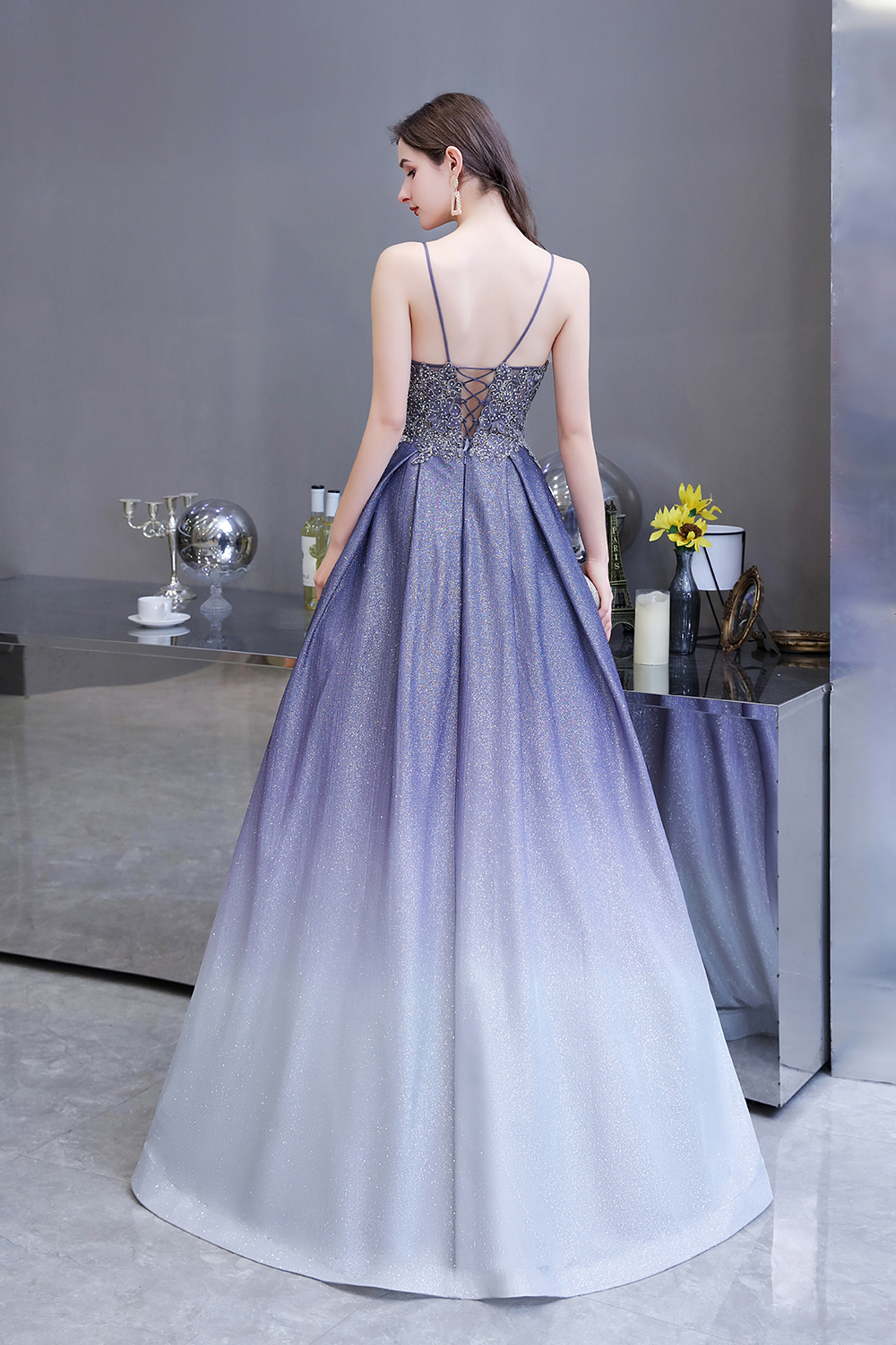 BMbridal Elegant Spaghetti Straps Ombre Prom Dress Long With Appliques Beads