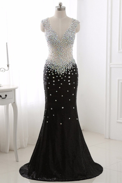 BMbridal Sparkly Sequined V-Neck Burgundy Mermaid Prom Dresses with Rhinestone Top