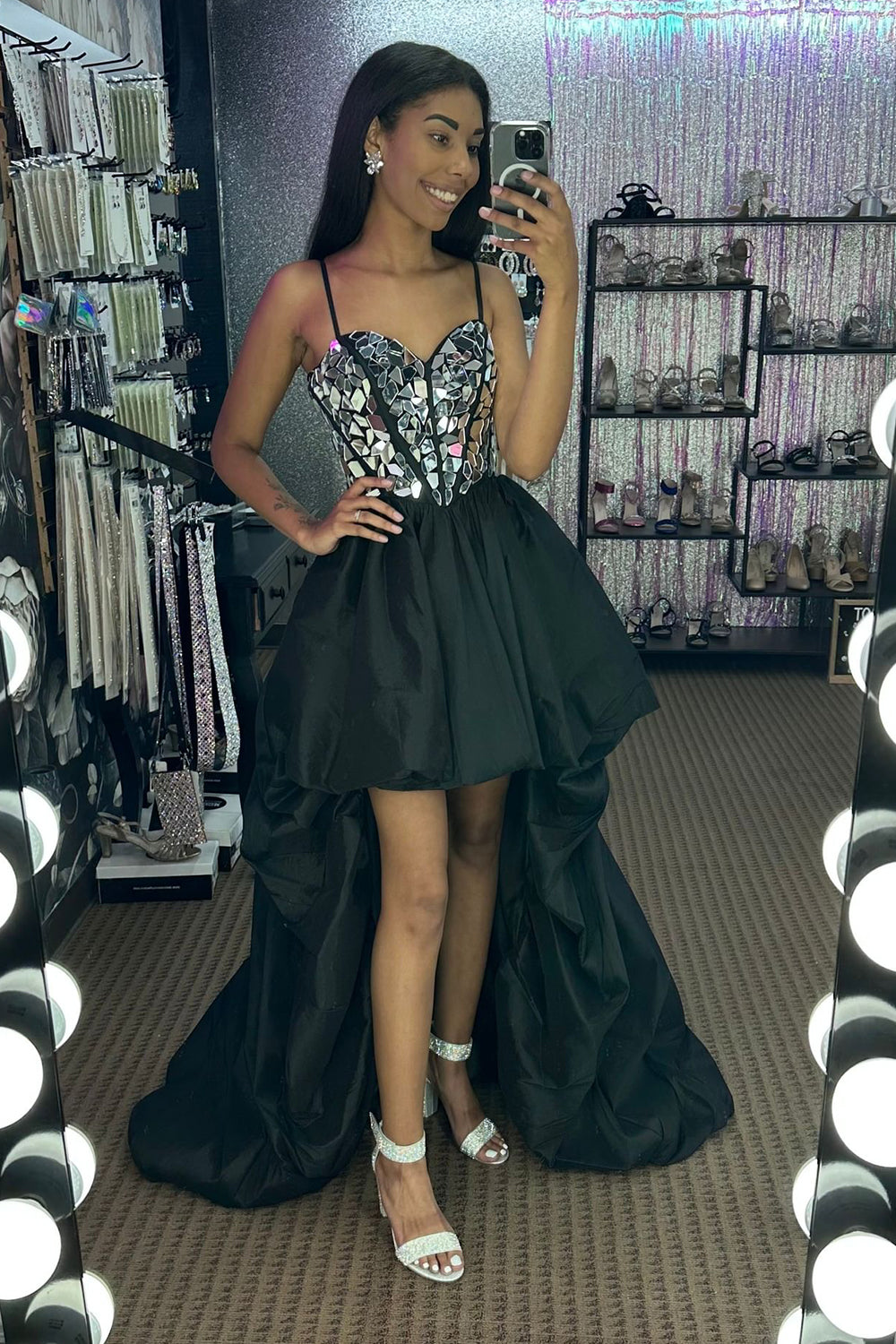 Sparkly Black High Low Satin A-Line Mirror Homecoming Dress-BMbridal