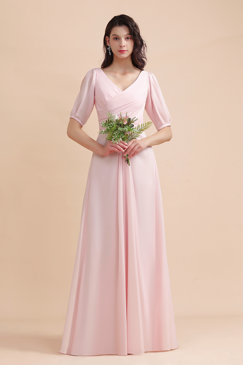 BMbridal A-Line V-Neck Chiffon Ruffles Bridesmaid Dress with Short Sleeves-BMbridal