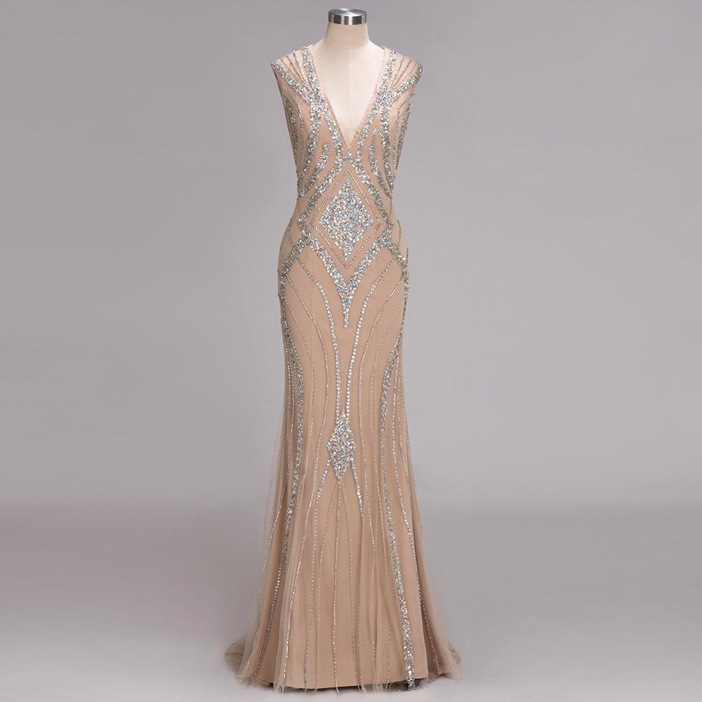 Bmbridal A-line Sleeveless V-Neck Floor-Length Prom Dresses with Sequins