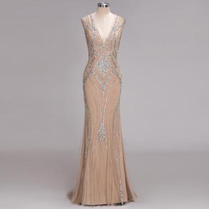 Bmbridal A-line Sleeveless V-Neck Floor-Length Prom Dresses with Sequins