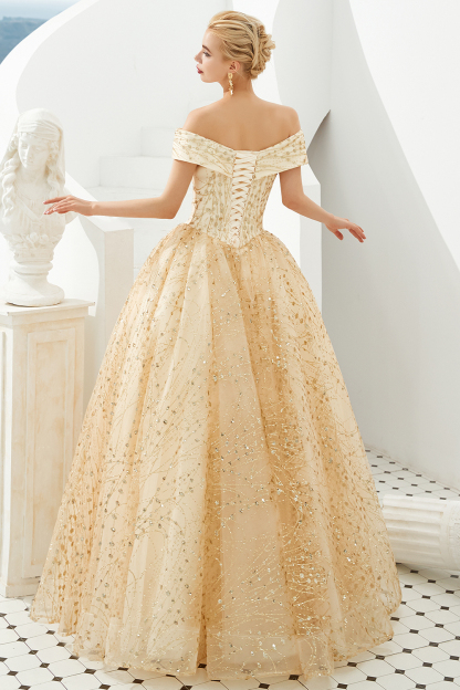 BMbridal Gold Off-the-Shoulder Sequins Prom Dress Ball With Lace-up Online