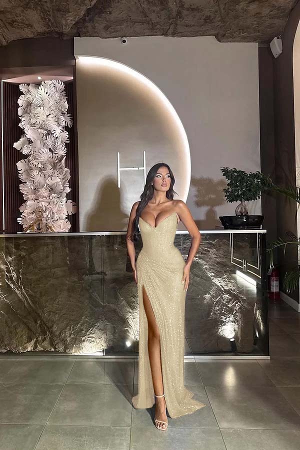 Sequin Strapless Sleeveless Long Split Prom Dress With Pleated