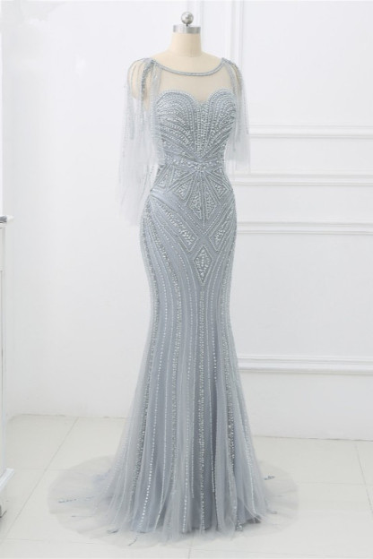 BMbridal Elegant Tulle Jewel Beadings Mermaid Prom Dresses with Ruffles Online