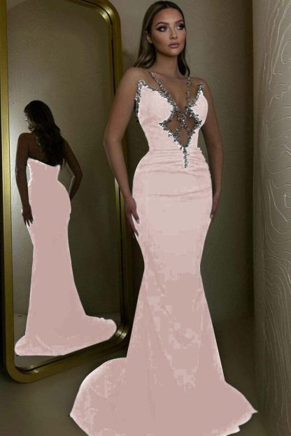 Spaghetti Strap Sleeveless Long Mermaid Prom Dress With Beading