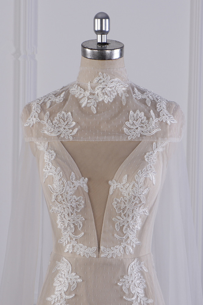 BMbridal Chic High-Neck Tulle Champagne Wedding Dress Mermaid Sleeveless Appliques Bridal Gowns Online-BMbridal