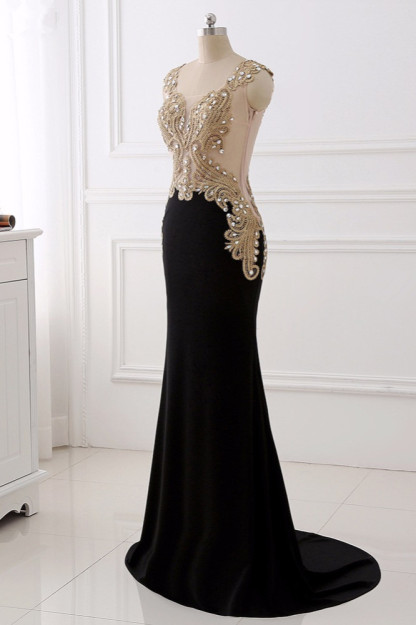 BMbridal Affordabe V-Neck Sleeveless Mermaid Prom Dresses Gold Appliques with Crystals