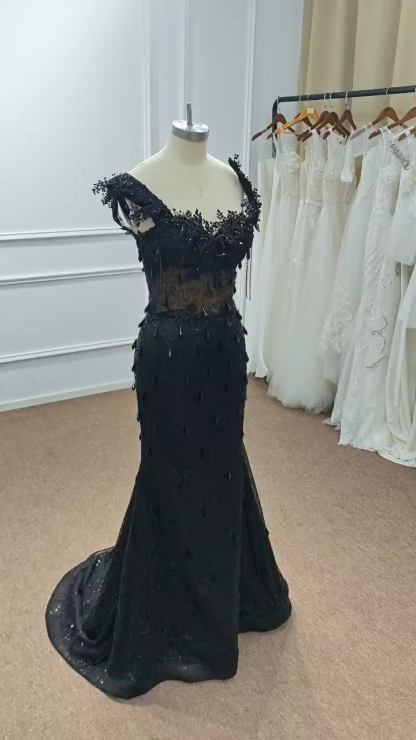 Luxury Black Sequin Mermaid Prom Dress – Illusion Corset Bodice with 3D Beaded Lace & Off-the-Shoulder Detail | 2026 Gothic Glamour Evening Collection