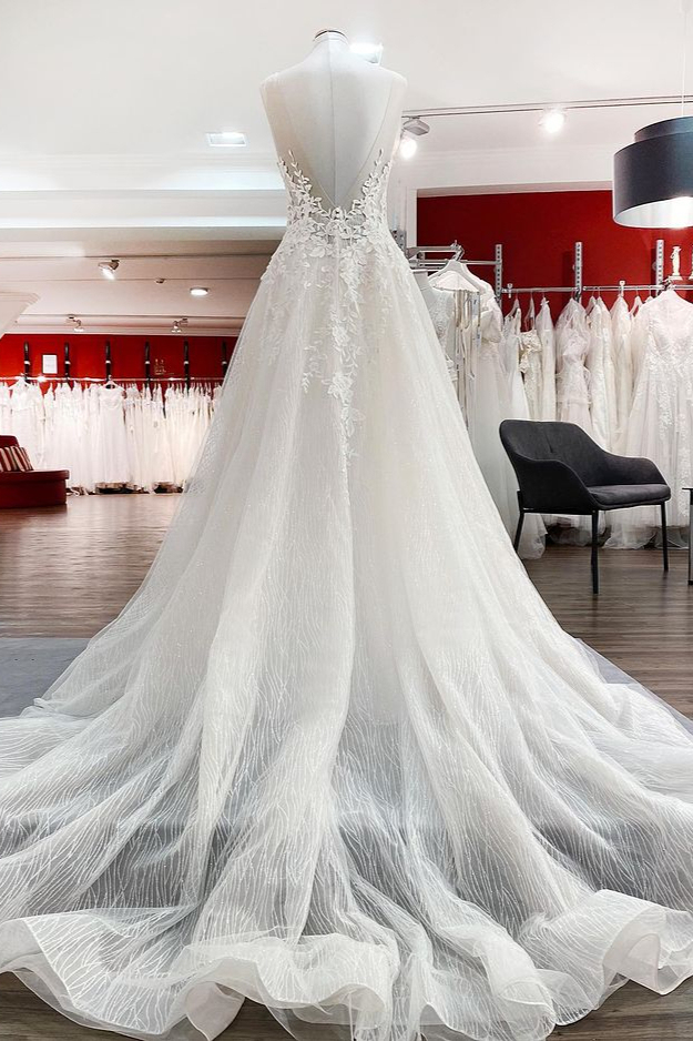BMbridal Breath-taking Detailed Appliques Ruffles Tulle Ivory Lace Wedding Dresses Long-BMbridal