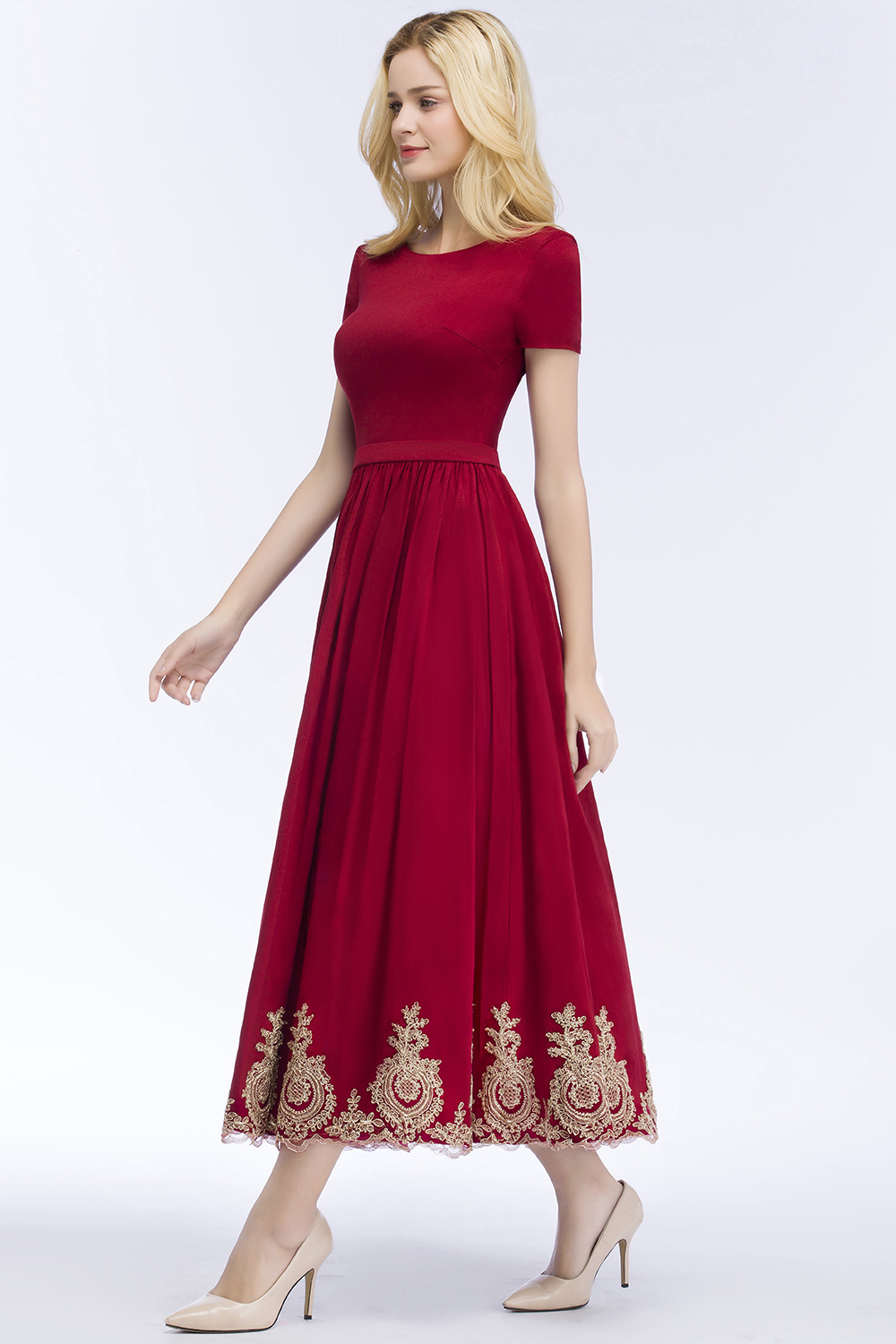 BMbridal A-line Short Sleeves Ankle Length Appliques Prom Dress with Sash Online