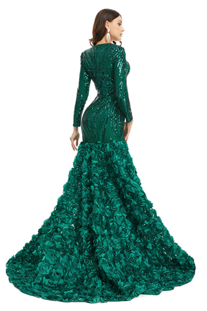 Bmbridal Long Sleeves V-Neck Prom Dress Mermaid Sequins With Flowers Bottom