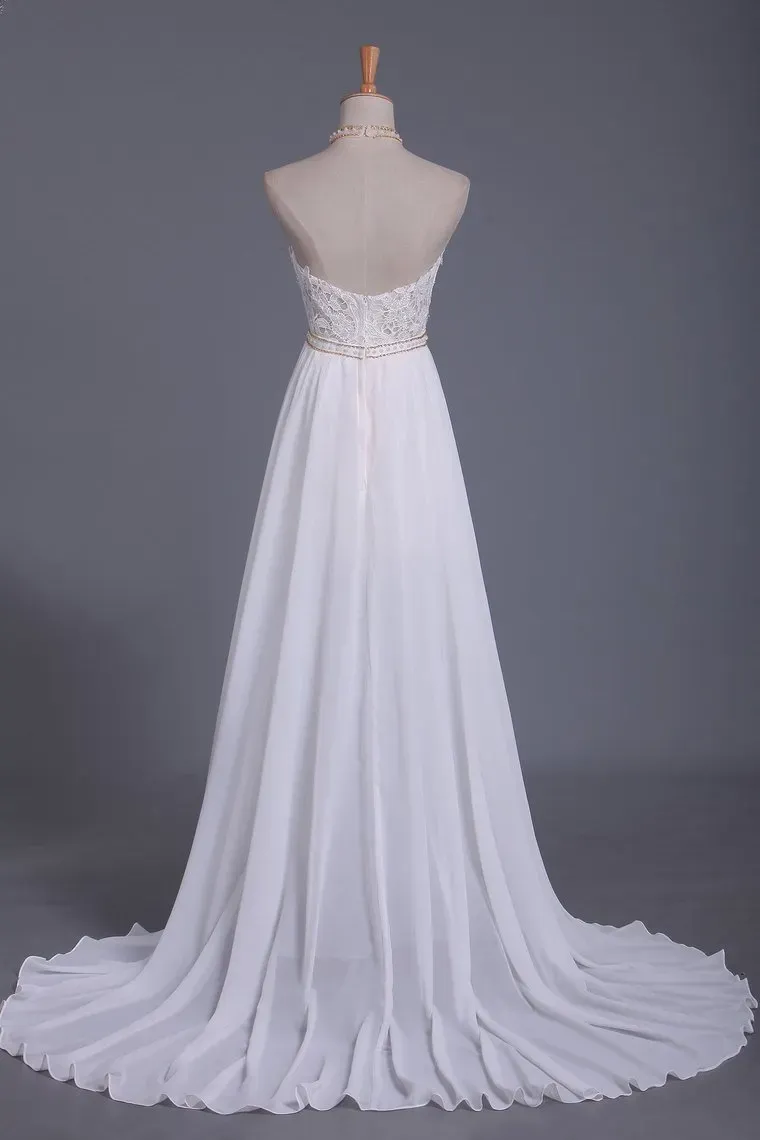 Gorgeous Chiffon A-Line Floor-Length Backless Halter Wedding Dress with Ruffles Pearl Lace