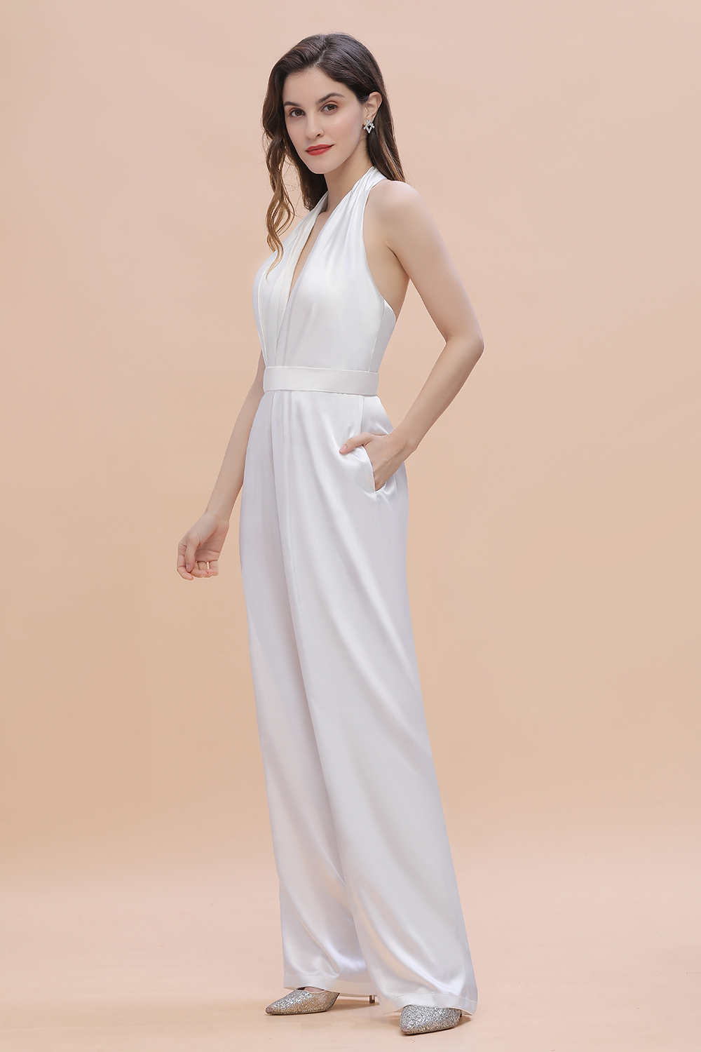BMbridal Sexy Deep-V-Neck Halter Backless Charmeuse Bridesmaid Jumpsuit Online-BMbridal