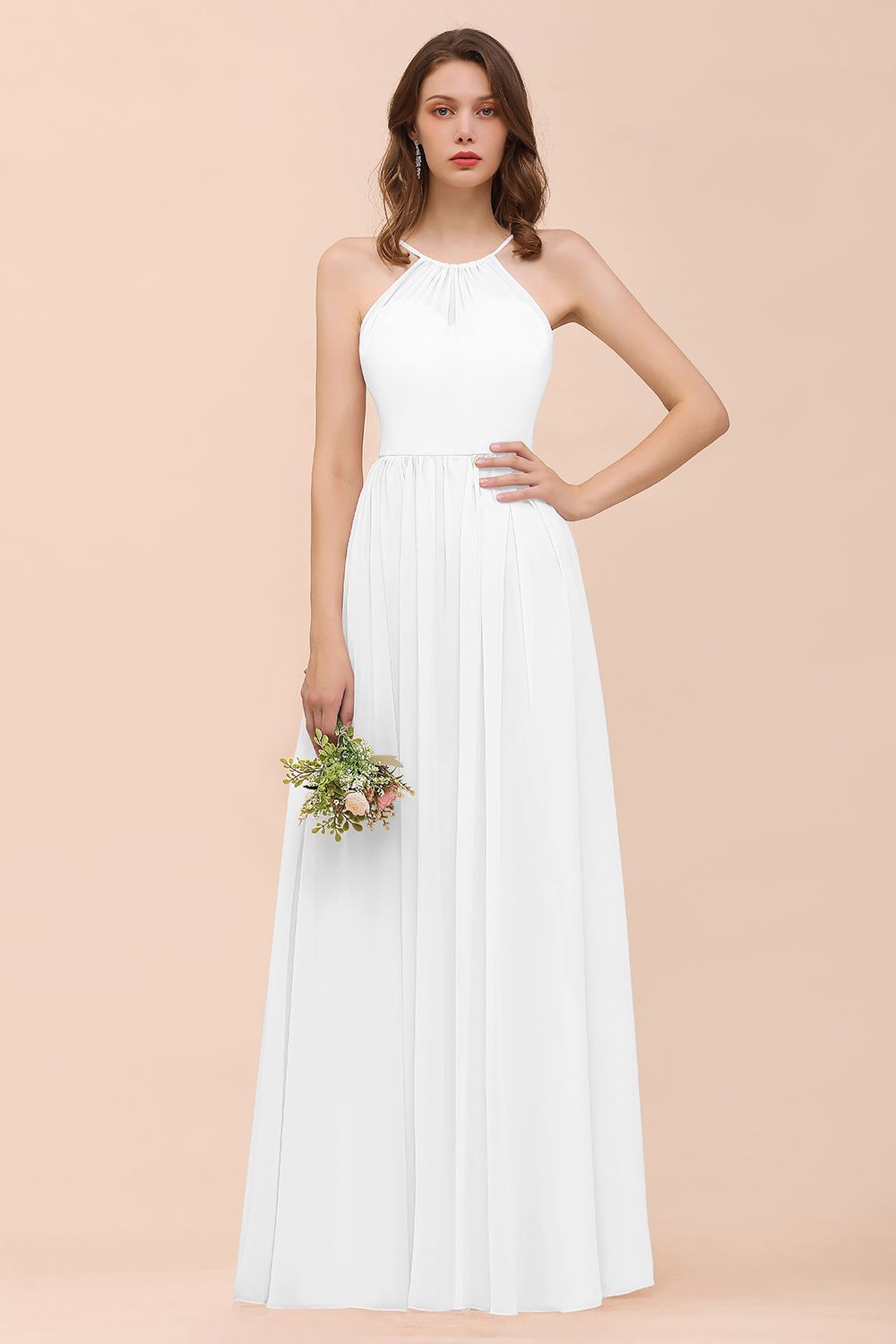 BMbridal Gorgeous Chiffon Halter Ruffle Affordable Long Bridesmaid Dress-BMbridal