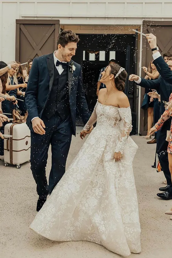 Chic A Line Off the Shoulder Long Sleeve Wedding Dress with Bow Lace