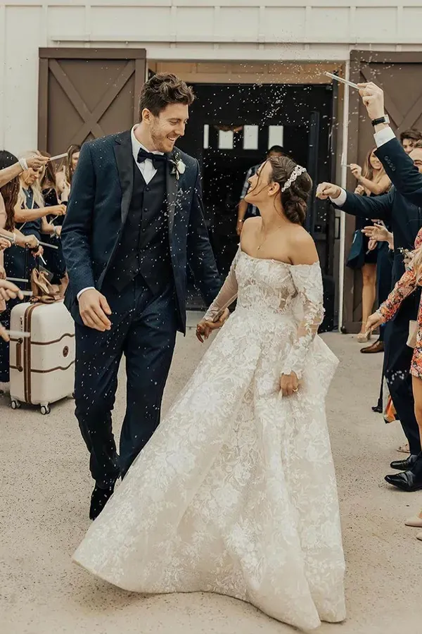 Chic A Line Off the Shoulder Long Sleeve Wedding Dress with Bow Lace