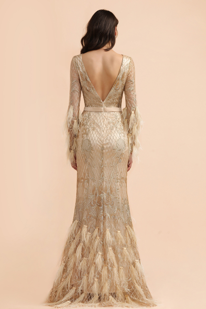 BMbridal Glamorous Jewel Lace Appliques Prom Dresses Long Sleeves Mermaid Formal Dresses with Fur
