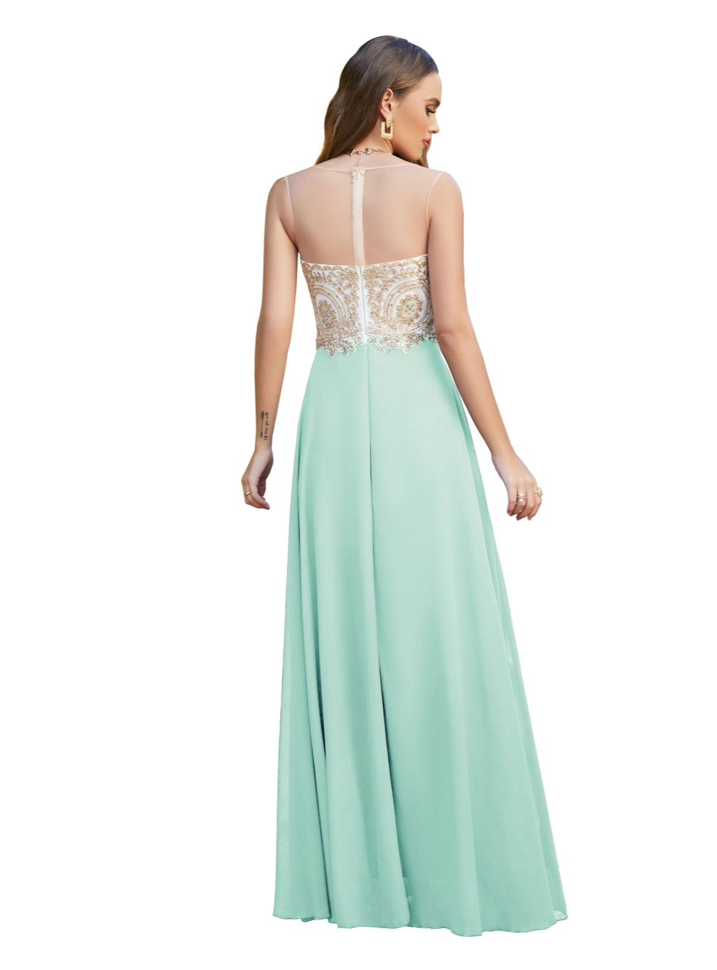 A-line Scoop Chiffon Appliques Floor-Length Dresses Dark Navy-BMbridal