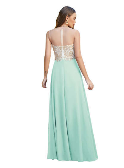 A-line Scoop Chiffon Appliques Floor-Length Dresses Dark Navy-BMbridal