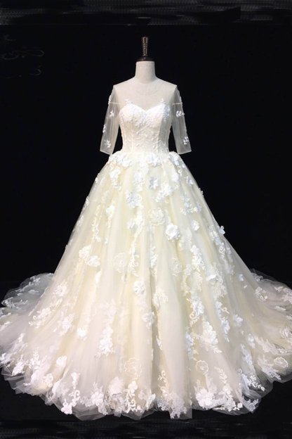 BMbridal AffordableBeautiful Ivory Lace Sweep Train Wedding Dresses Half Sleeves Appliques Bridal Gowns On Sale-BMbridal