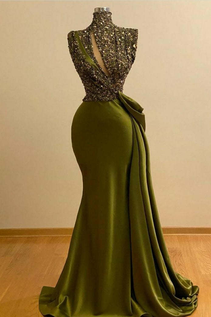 BMbridal High Neck Mermaid Prom Dress Sequins With Ruffle