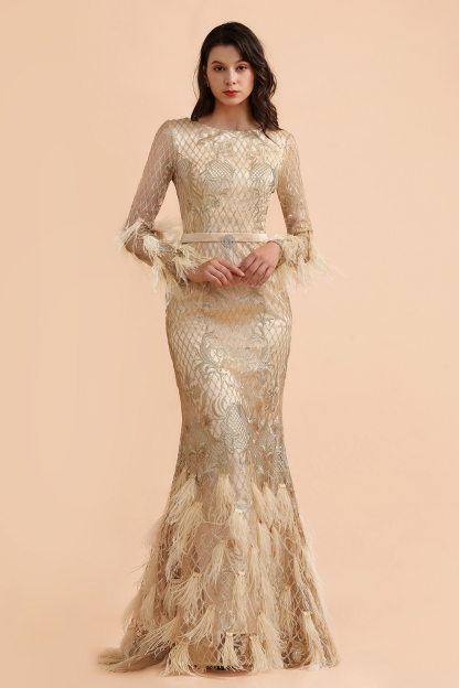 BMbridal Glamorous Jewel Lace Appliques Prom Dresses Long Sleeves Mermaid Formal Dresses with Fur