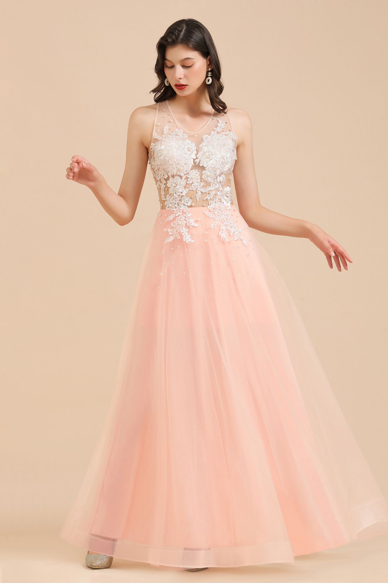BMbridal Round Neck Lace Appliques Long Evening Prom Dress
