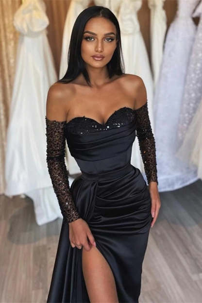 Amazing Long Black Mermaid Split Front Sequined Prom Dress-BMbridal.com