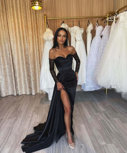 Amazing Long Black Mermaid Split Front Sequined Prom Dress-BMbridal.com