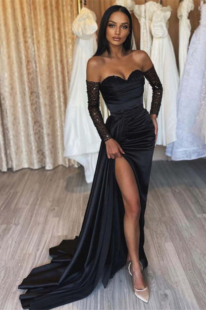 Amazing Long Black Mermaid Split Front Sequined Prom Dress-BMbridal.com