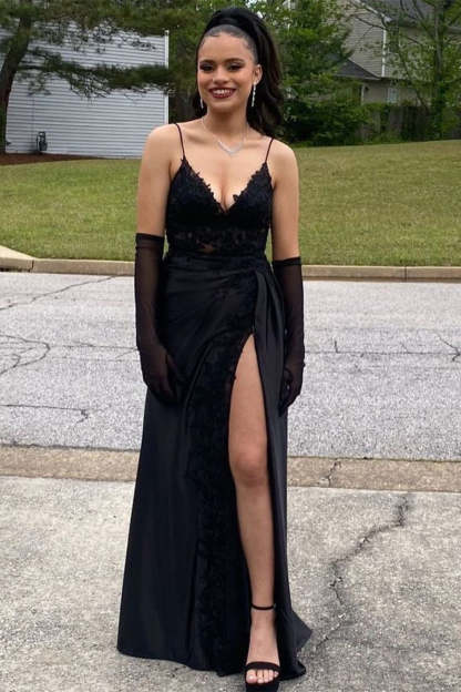Amazing Long Black V-neck Spaghetti Straps Lace Sleeveless Prom Dress With Slit-BMbridal.com