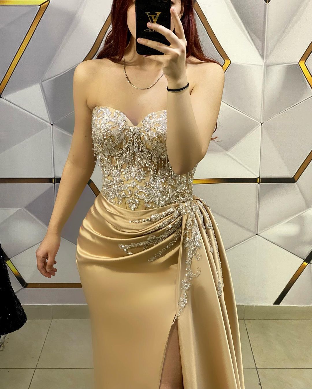 Amazing Long Champagne Sleeveless Beading Lace Prom Dress With Slit-BMbridal.com