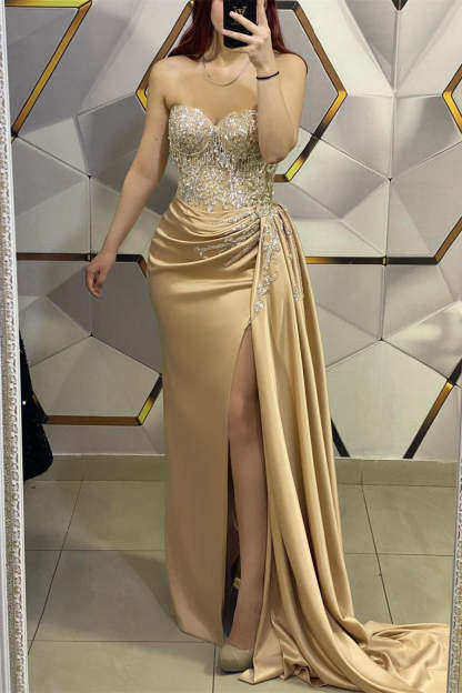 Amazing Long Champagne Sleeveless Beading Lace Prom Dress With Slit-BMbridal.com