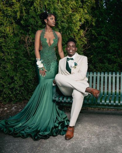 Amazing Long Dark Green Mermaid Sleeveless Beading Prom Dress With Lace-BMbridal.com
