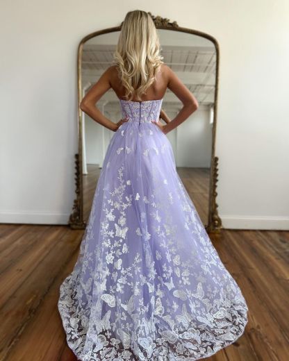 Amazing Long Lilac A-line Sweetheart Strapless Prom Dress With Lace-BMbridal.com