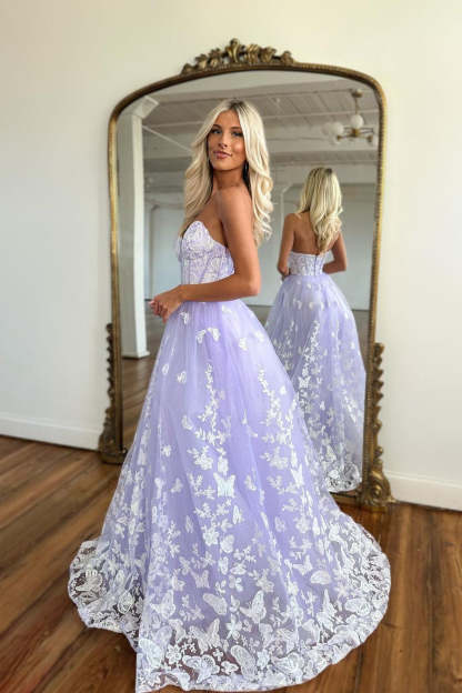 Amazing Long Lilac A-line Sweetheart Strapless Prom Dress With Lace-BMbridal.com