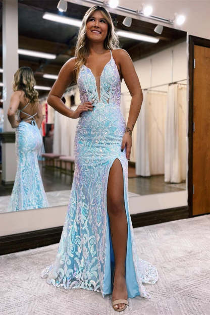 Amazing Long Mermaid V-neck Sleeveless Lace Prom Dress With Slit-BMbridal.com