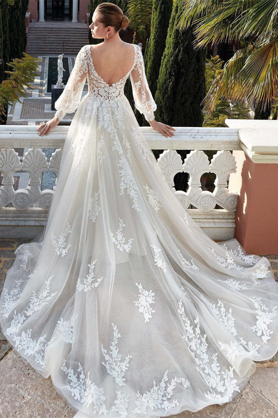 Amazing V-neck Backless Long Sleeves A-line Appliques Wedding Dress-BMbridal.com
