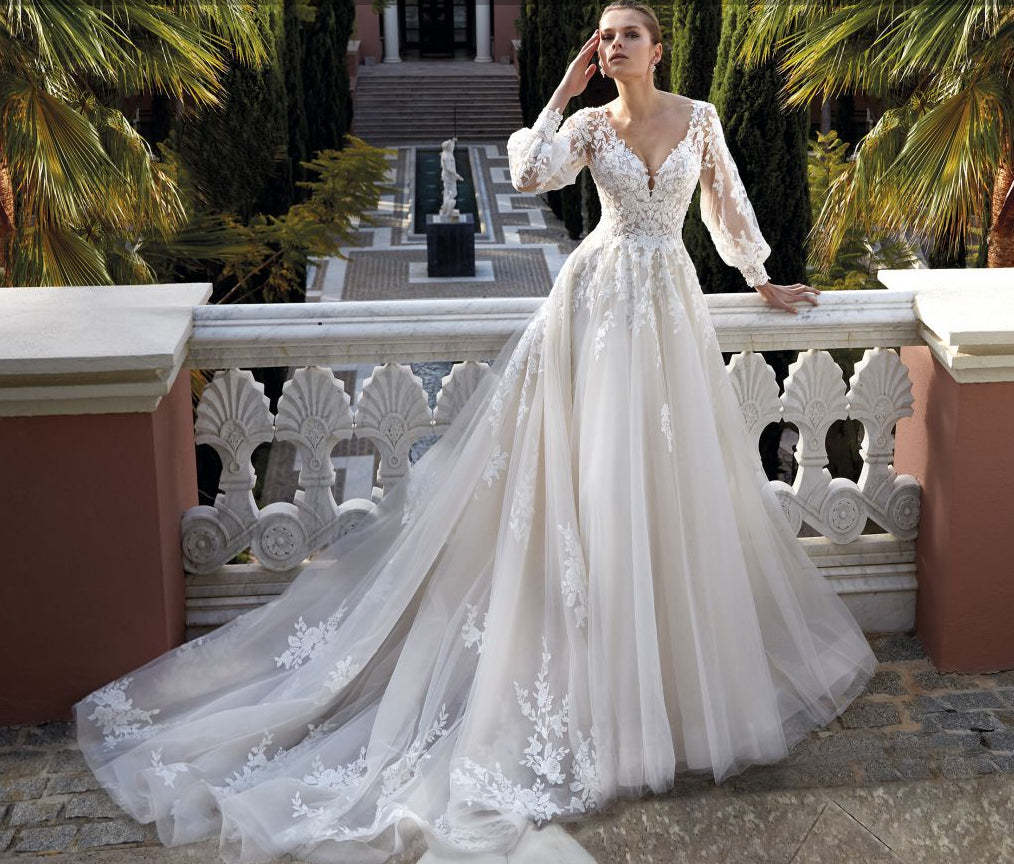 Amazing V-neck Backless Long Sleeves A-line Appliques Wedding Dress-BMbridal.com