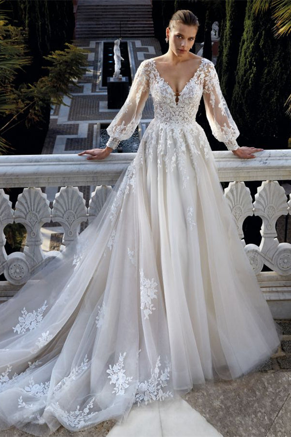 Amazing V-neck Backless Long Sleeves A-line Appliques Wedding Dress-BMbridal.com