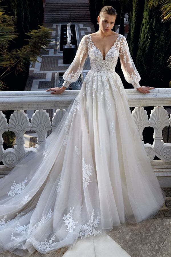 Amazing V-neck Backless Long Sleeves A-line Appliques Wedding Dress-BMbridal.com