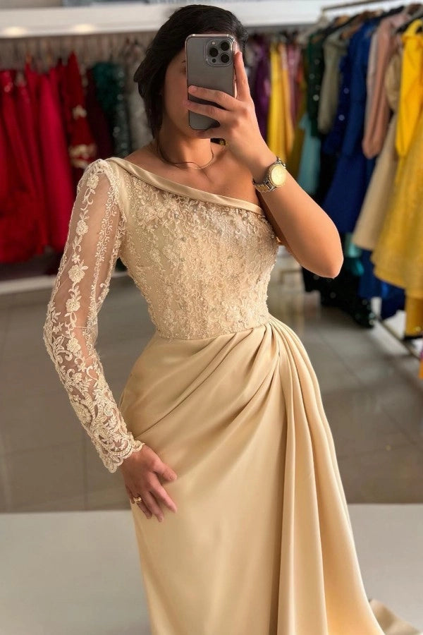 Asymmetrical Champagne One Shoulder Column Prom Dress with Appliques and Panel Train