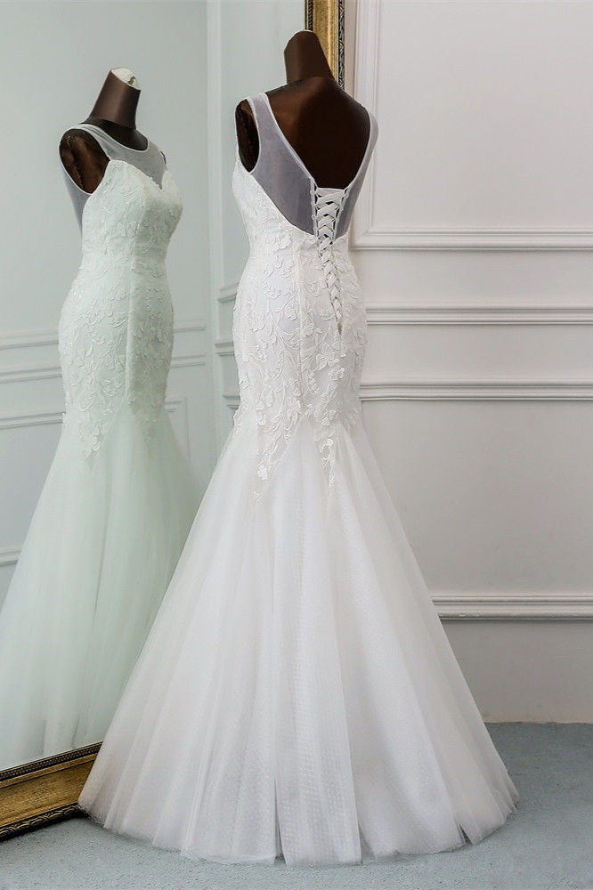 BMbridal Popular Jewel Sleeveless White Mermaid Wedding Dresses with Appliques