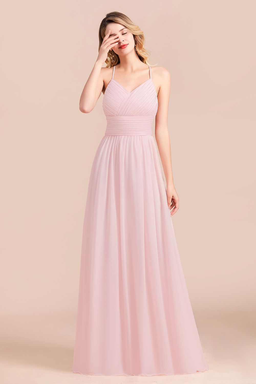 BMbridal Gorgeous Spaghetti Straps Ruffle Pink Chiffon Bridesmaid Dress Affordable-BMbridal